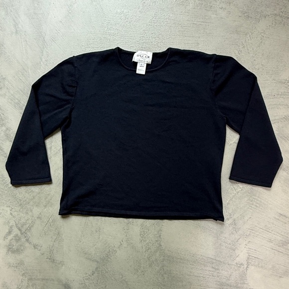 Oscar De La Renta Navy Blue Light Weight Sweater Knitted 3/4 Sleeve Blouse - Picture 3 of 9